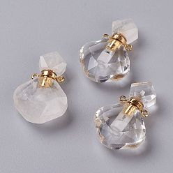 Quartz Crystal Rhombus Natural Quartz Crystal Perfume Bottle Pendants, Rock Crystal, Rock Crystal, with 304 Stainless Steel Findings, Faceted, Golden, 26~27x17~17.5x8~8.5mm, Hole: 1.4mm, Capacity: about 2ml(0.06 fl. oz)