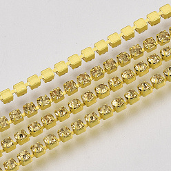 Citrine Electrophoresis Iron Rhinestone Strass Chains, Rhinestone Cup Chains, with Spool, Citrine, SS12, 3~3.2mm, about 10yards/roll