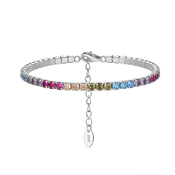 Colorful Rhodium Plated Real Platinum Plated 925 Sterling Silver Link Chain Bracelet, Cubic Zirconia Tennis Bracelets, with S925 Stamp, Colorful, 6-5/8 inch(16.8cm)