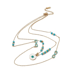 Star Enamel Charms Double Layer Necklace with Synthetic Turquoise Beaded, 304 Stainless Steel Cable Chains Bohemia Necklace for Women, Golden, Star Pattern, Flat Round: 16x14x2mm, 16 inch(40.5cm)