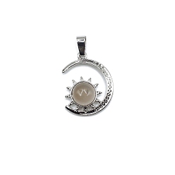 Grey Agate Natural Grey Agate Pendants, Antique Silver Plated Alloy Moon with Sun Charms, 28x22mm