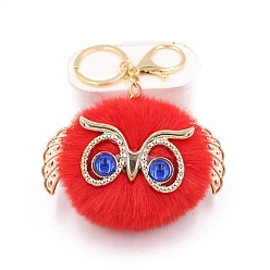 Red Cute Pompom Fluffy Owl Pendant Keychain, with Alloy Findings, for Woman Handbag Car Key Backpack Pendants, Red, 12x9cm