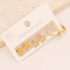 Golden 3 Pairs 3 Style 304 Stainless Steel Hoop Earrings, Stud Earrings, Star & Ring, Golden, 60x40mm, 1 Pair/style
