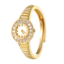 Golden Brass Rhinestone Adjustable Rings, Watch Shapes, Golden, Inner Diameter: 17mm