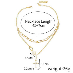 ② N2111-18 Golden Pearl Cross Double Layer Cross Pendant Necklace for Men and Women - Hip Hop Style Fashion Accessory