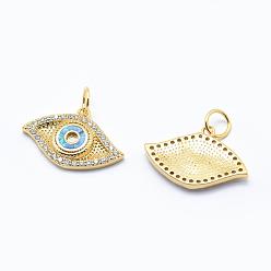 Golden Brass Micro Pave Cubic Zirconia Pendants, with Synthetic Opal, Eye, Golden, 13x19x2mm, Hole: 4mm