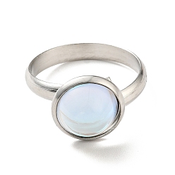 Белый K9 стеклянное плоское круглое кольцо на палец, 304 женские украшения из нержавеющей стали, цвет нержавеющей стали, белые, размер США 7 3/4 (17.9 мм), кольцо поверхность: 12x7mm