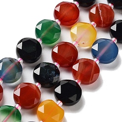 Mixed Color Natural Agate Beads Strands, with Seed Beads, Faceted Hexagonal Cut, Flat Round, Dyed & Heated, Mixed Color, 12~12.5x5~6mm, Hole: 1.2~1.4mm, about 27~29pcs/strand, 15.55~15.75 inck(39.5~40cm)