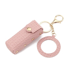 Pink PU Leather Lipstick Storage Bags, Portable Lip Balm Organizer Holder for Women Ladies, with Light Gold Tone Alloy Keychain and Mirror, Pink, 15x3.7cm
