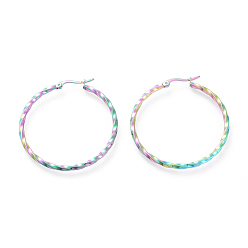 Rainbow Color Electroplated 304 Stainless Steel Big Hoop Earrings, Hypoallergenic Earrings, Twisted Ring, Rainbow Color, 49x45x2.5mm, 10 Gauge, Pin: 0.7x1mm