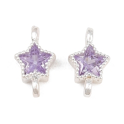 Plata Conectores de latón con circonitas cúbicas lilas engastadas, enlaces estrella, chapado en rack, larga duración plateado, plata, 9.5x5x3 mm, agujero: 1.2 mm