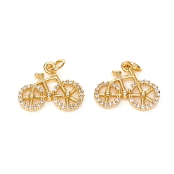 Golden Brass Micro Pave Cubic Zirconia Pendants, with Jump Ring, Long-Lasting Plated, Bicycle, Clear, Golden, 13.5x16.5x2mm, Hole: 3mm