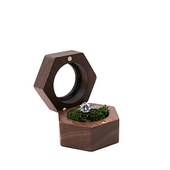 Sea Green Hexagon Walnut Wood Magnetic Wedding Ring Gift Case, Clear Window Jewelry Box with Imitation Moss Inside, for Rings, Sea Green, 5.6x5x3.8cm