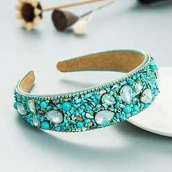 Blue-green Colorful Gemstone Wide Headband with Rhinestones and Fabric, Chic Candy-colored Hair Accessories