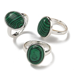 Малахит Овальные регулируемые кольца из синтетического малахита, без свинца и без кадмия, посеребренные латунные перстни для женщин и мужчин, овальный : 18x14 mm, внутренний диаметр: 18 мм