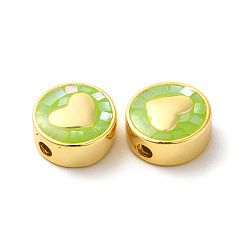 Yellow Green Rack Plating Brass Enamel Beads, with Shell Chips, Long-lasting Plated, Cadmium Free & Lead Free, Flat Round with Heart, Golden, Yellow Green, 11x4.5mm, Hole: 1.8mm