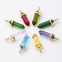 Mixed Color Glass Pointed Pendants, with Alloy Finding, Golden, Bullet, Mixed Color, 37~40x12.5x10mm, Hole: 3x4.5mm
