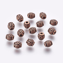 Red Copper Tibetan Style Alloy Beads, Drum with Flower, Cadmium Free & Lead Free, Red Copper, 6x6mm, Hole: 2mm