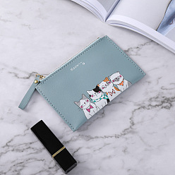 Aqua PU Leather Credit Card Storage Bags, Cute Small Wallet for Women Girls, Rectangle with Cat Pattern, Aqua, 95x115x20mm