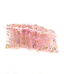 Pink Rectangle Printed Organza Drawstring Bags, Gold Stamping Eyelash Pattern, Pink, 9x7cm
