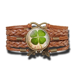 Vert Jaune Bracelet à maillons trèfle de verre, Bracelet large en cuir PU tressé pour femme, vert jaune, 6-3/4 pouce (17 cm)