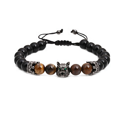 Wolf head Handmade Agate Beaded Wolf Lion Skull Bracelet with Lace for Men