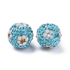 Aquamarine Polymer Clay Rhinestone Beads, Pave Disco Ball Beads, Round with Flower, Aquamarine, 16mm, Hole: 1.6~1.8mm