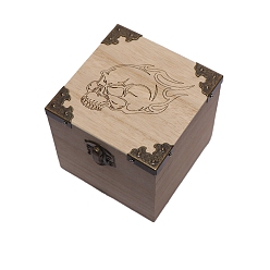 Skull Square Wooden Storage Boxes, for Witchcraft Articles Storage, BurlyWood, Skull, 10x10x10cm