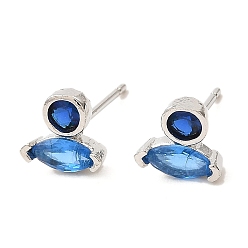 Blue Platinum Brass Horse Eye Stud Earrings, with Cubic Zirconia, Long-Lasting Plated, Lead Free & Cadmium Free, Blue, 7x6.5mm