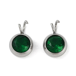 Зеленый 304 подвески из микро-паве из нержавеющей стали с фианитами, цвет нержавеющей стали, круглый шарм, зелёные, 10.5x6.5x4 мм, отверстие : 2.5 мм
