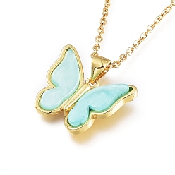Aquamarine Brass Pendant Necklaces, with Resin and 304 Stainless Steel Cable Chains, Butterfly, Golden, Aquamarine, 19.29 inch(49cm)