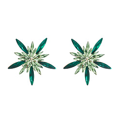 Green Sparkling Floral Alloy Earrings with Colorful Gems - Fashionable and Bold Ear Accessories for Street Style Chic