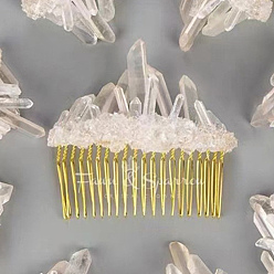 Golden Natural Raw Quartz Crystal Chip Combs. with Alloy Findings, Hair Accessories for Woman Girls, Golden, 80mm