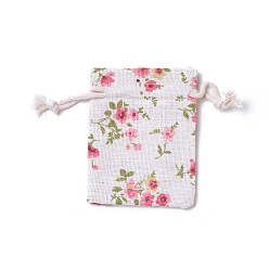 Colorful Burlap Packing Pouches, Drawstring Bags, Rectangle with Flower Pattern, Colorful, 8.7~9x7~7.2cm