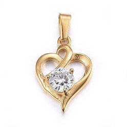 Golden 304 Stainless Steel Pendants, with Cubic Zirconia, Heart, Clear, Golden, 19x14x4.5mm, Hole: 5mm