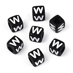 Letter W Начальные акриловые бусины с горизонтальной дырочкой, кубические, чёрные, Буква W, 6x6x6 мм, отверстие : 3.5 мм, 3330 шт / 500 г