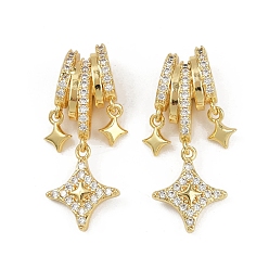 Настоящее золото 18K Латунные микропаве прозрачные подвески с фианитом, без кадмия и без свинца, звезда, реальный 18 k позолоченный, 29x14x7 мм, отверстие : 7x5 мм