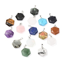 Mixed Stone Faceted Gemstone Pendants, with Platinum Tone Brass Findings, Hexagon, 28x25x9mm, Hole: 4x5mm