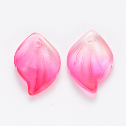 Deep Pink Transparent Spray Painted Glass Pendants, with Glitter Powder, Leaf, Deep Pink, 16x11.5x3.5mm, Hole: 1.5mm