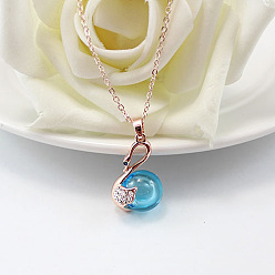 Deep Sky Blue Swan with Glass Ball Perfume Bottle Necklace with Brass Chains for Women, Rose Gold, Deep Sky Blue, 19.69 inch(50cm)