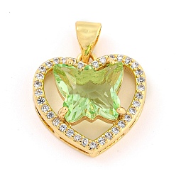 Green Rack Plating Brass Micro Pave Clear Cubic Zirconia Pendants, with Glass, Long-Lasting Plated, Cadmium Free & Lead Free, Heart with Butterfly Charms, Green, 16x16x6.5mm, Hole: 4x3.5mm