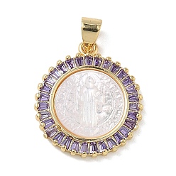 Лиловый Религия латунь микро проложить цирконий подвески, с оболочкой, плоский круглый со святыми подвесками, стойки покрытие, долговечный, без кадмия и без свинца, реальный 18 k позолоченный, сирень, 21.5x18.5x3.5 мм, отверстие : 4.5x3.5 мм