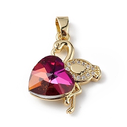 Темно-Розовый Настоящие позолоченные подвески из латуни с микропаве из прозрачного кубического циркония, со стеклом, долговечный, без кадмия и без свинца, фламинго с сердечком, темно-розовыми, 18 мм, отверстие : 24x19x8 мм