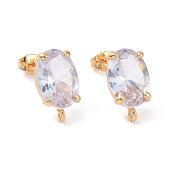Golden Brass Micro Pave Clear Cubic Zirconia Stud Earring Findings, with Vertical Loops and Ear Nuts, Oval, Cadmium Free & Lead Free, Golden, 17x10x6.8mm, Hole: 1.6mm, Pin: 0.9mm