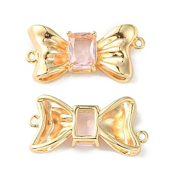 Pink Brass Pave Cubic Zirconia Connector Charms, Real 18K Gold Plated, Bowknot Links, Pink, 11x23x4.5mm, Hole: 1mm