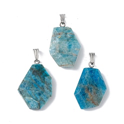 Apatite Natural Apatite Pendants, Faceted Polygon Charms, with Stainless Steel Color Plated 201 Stainless Steel Snap on Bails, 21~29x16~23x6~8mm, Hole: 2x7mm