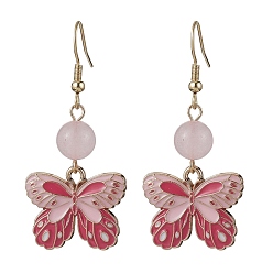 Rose Quartz Alloy Enamel Butterfly Dangle Earrings, with Natural Rose Quartz Beads, 48x22mm