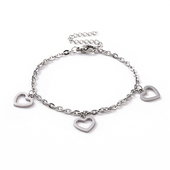 Stainless Steel Color 304 Stainless Steel Hollow Out Heart Charm Bracelet with Cable Chains for Women, Stainless Steel Color, 7-1/8 inch(18cm)