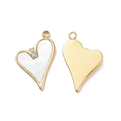 Real 18K Gold Plated Natural White Shell Pendants, with Ion Plating(IP) 304 Stainless Steel Pave Clear Cubic Zirconia Findings, Heart Charm, Real 18K Gold Plated, 17.5x10.5x2mm, Hole: 1.4mm