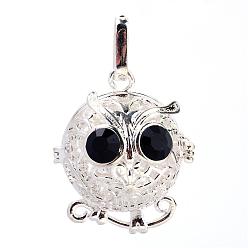 Silver Rack Plating Brass Cage Pendants, For Chime Ball Pendant Necklaces Making, with Rhinestone, Owl, Silver, 32x27x23mm, Hole: 3mm, inner measure: 18mm